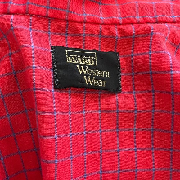 80's Western Wear Shirt - Snap Pearl Buttons Montgomery Wards - Red & Blue Check - Picture 9 of 9